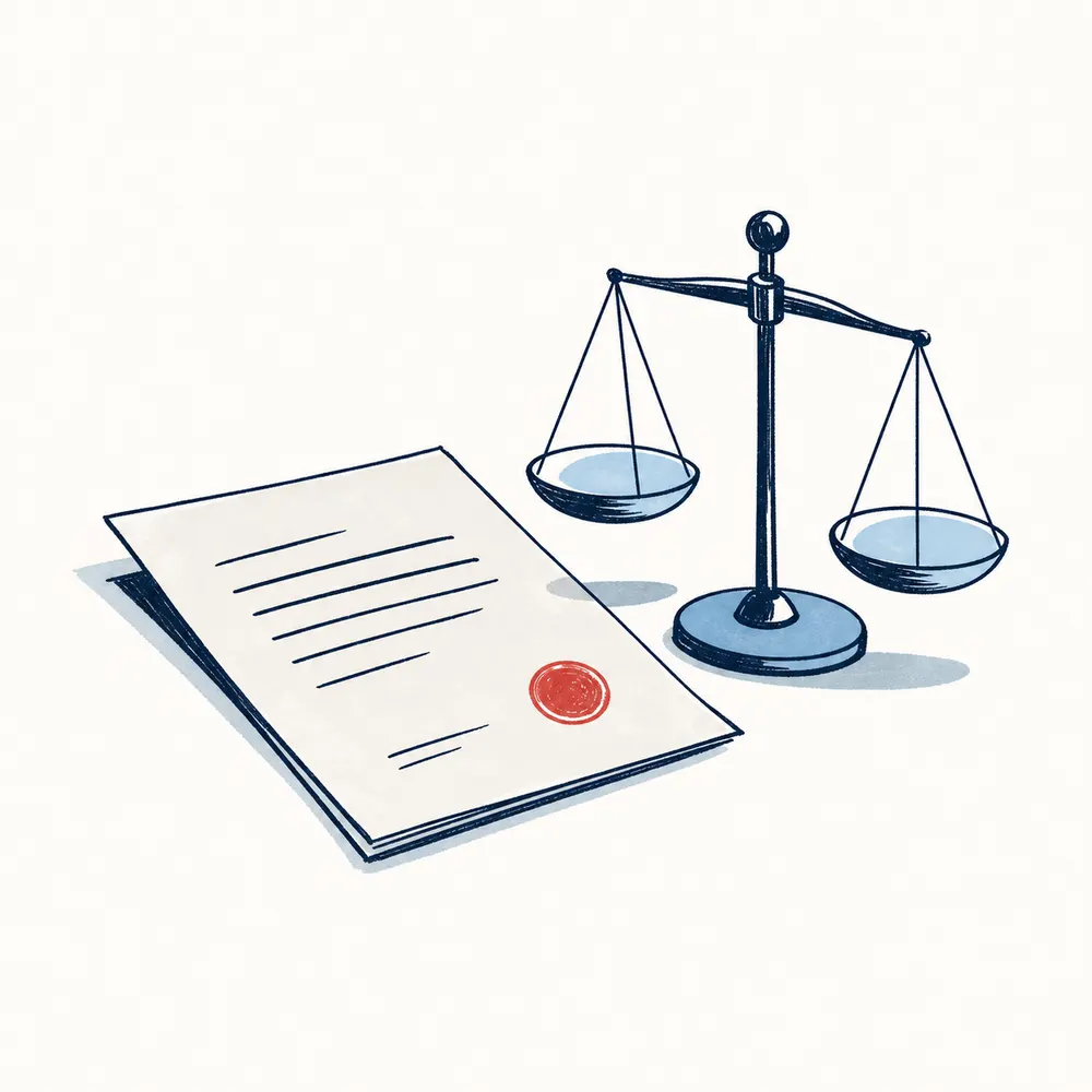 契約書と天秤の、公正さと品質を表すイラスト
