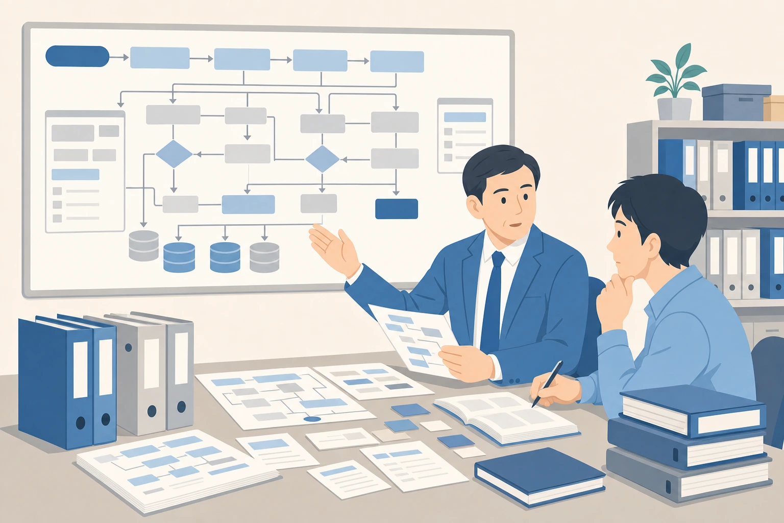 銀行業務の前提知識を継続するため、業務フローと資料を見ながら引き継ぐチームのイラスト