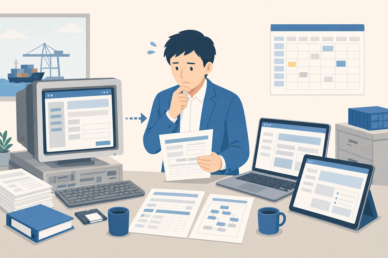 古いブラウザ依存画面からモダンブラウザ画面へ移行が必要になり悩む担当者のイラスト