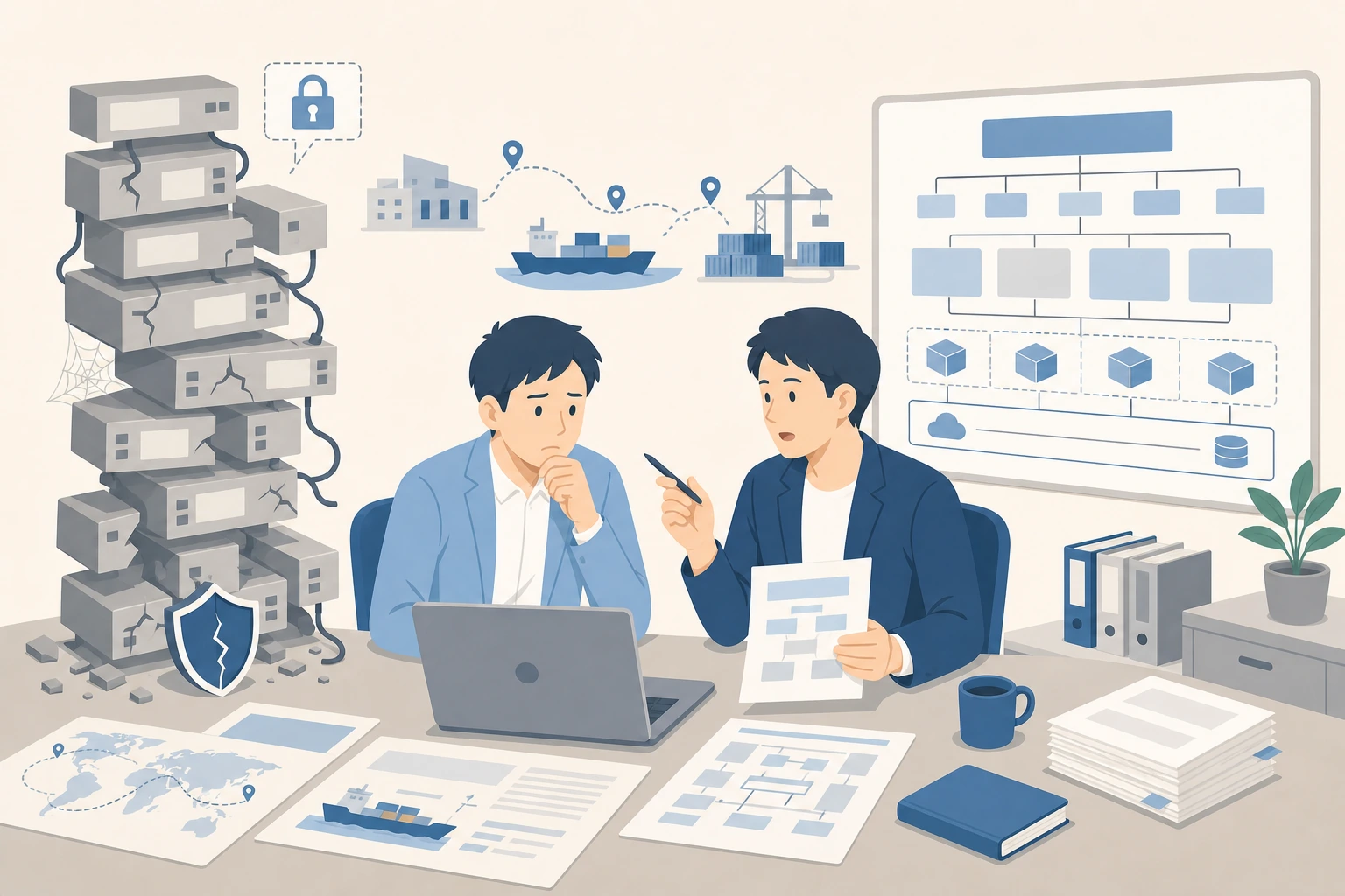 古いフレームワークの保守限界と新しい構成への移行を検討する担当者のイラスト