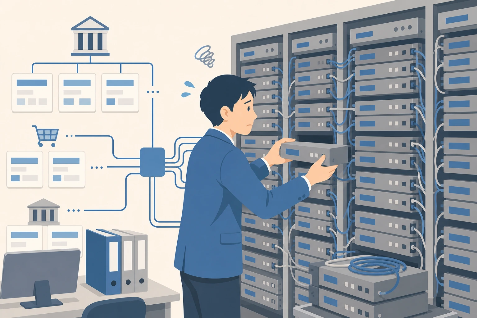 銀行連携と事業者連携が増えてオンプレ環境の容量が逼迫するサーバー室のイラスト