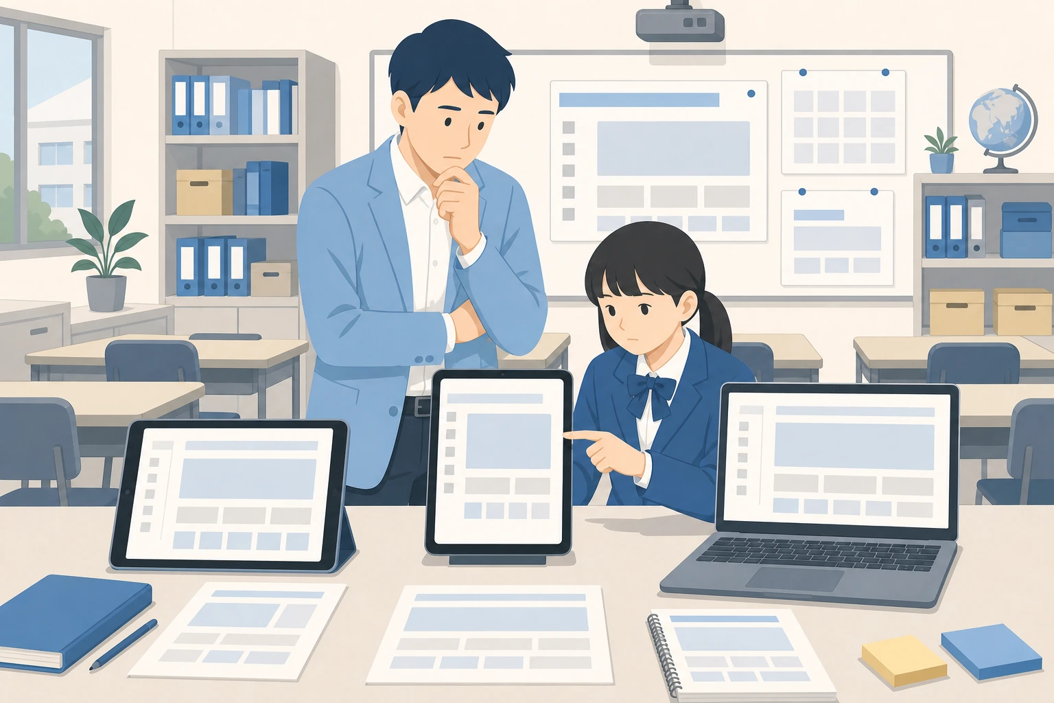 学校の複数端末で同じ教科書の表示や操作感を揃える必要があるイラスト