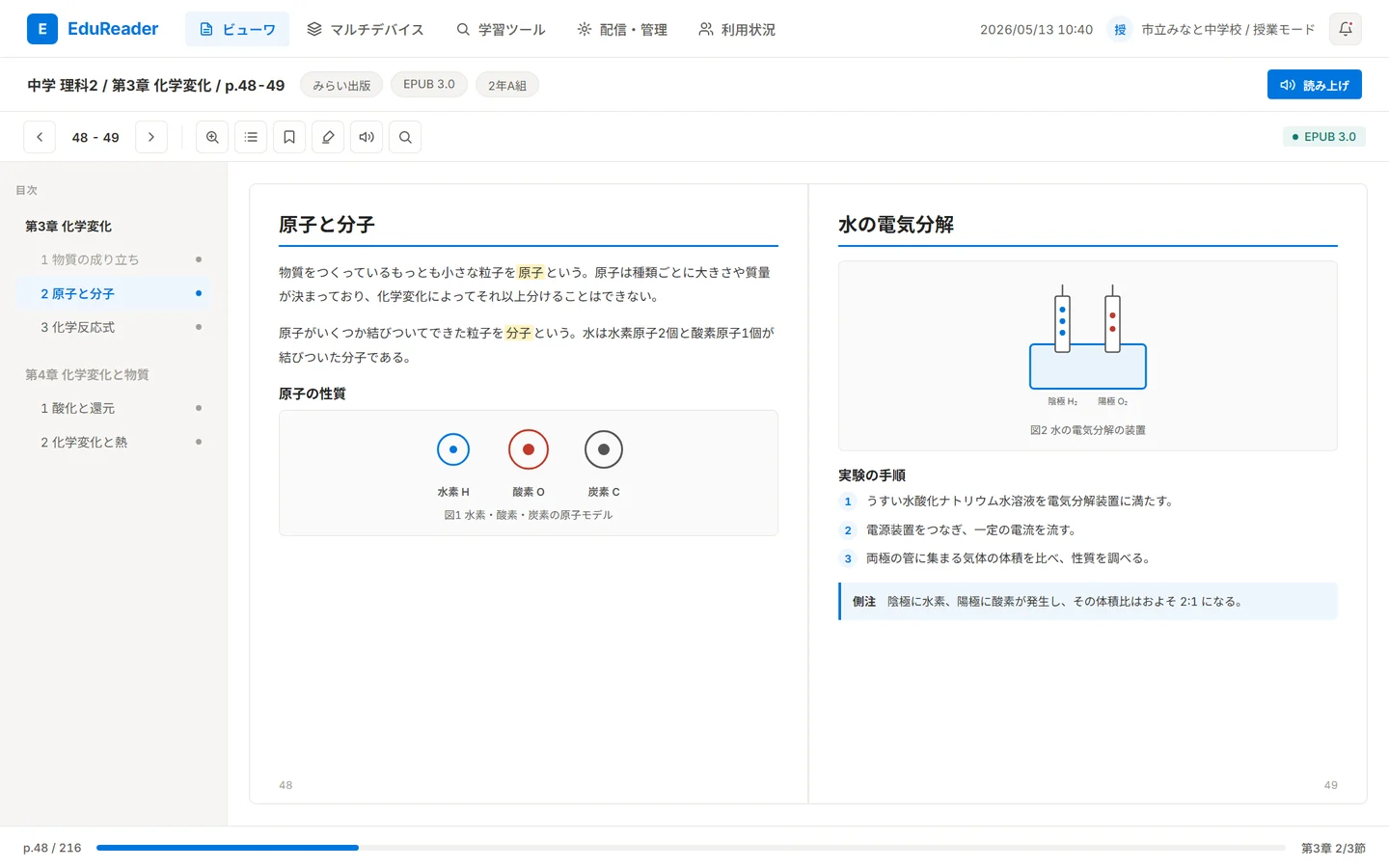 デジタル教科書ビューワ画面 — EPUBで再現した見開き2ページと目次、ページ送り・ズーム・検索のツールバー
