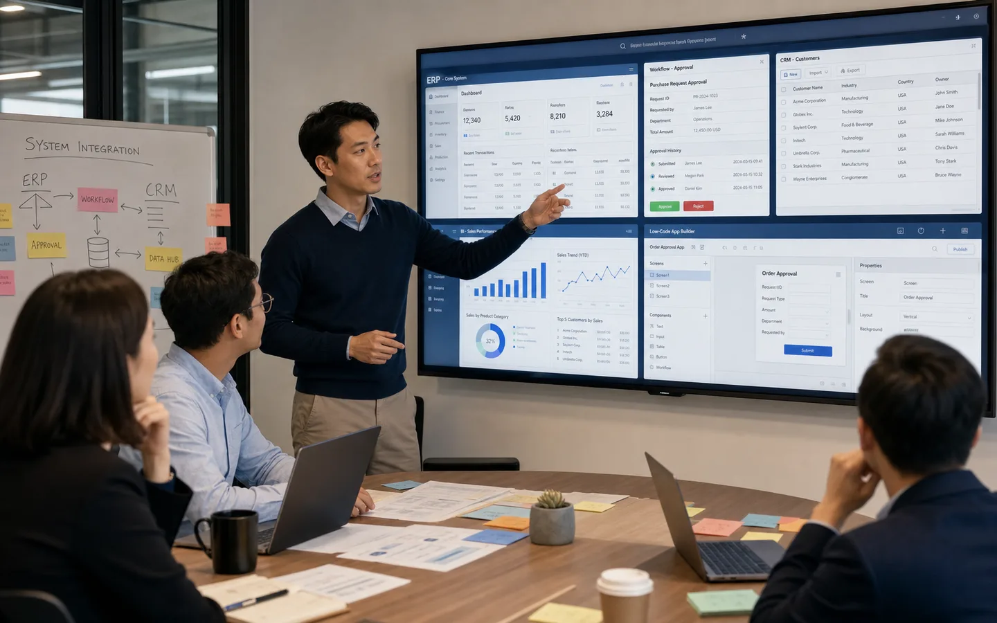 基幹・ワークフロー・CRM・BIの複数業務システム画面を組み合わせて構成を検討する写真