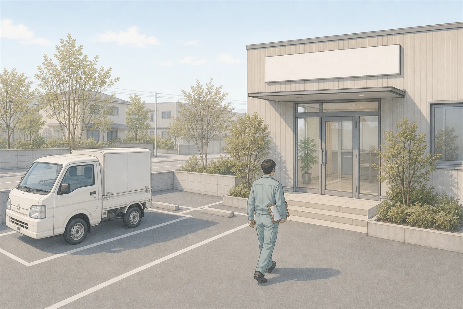 現場から事務所へ戻る作業員のイラスト