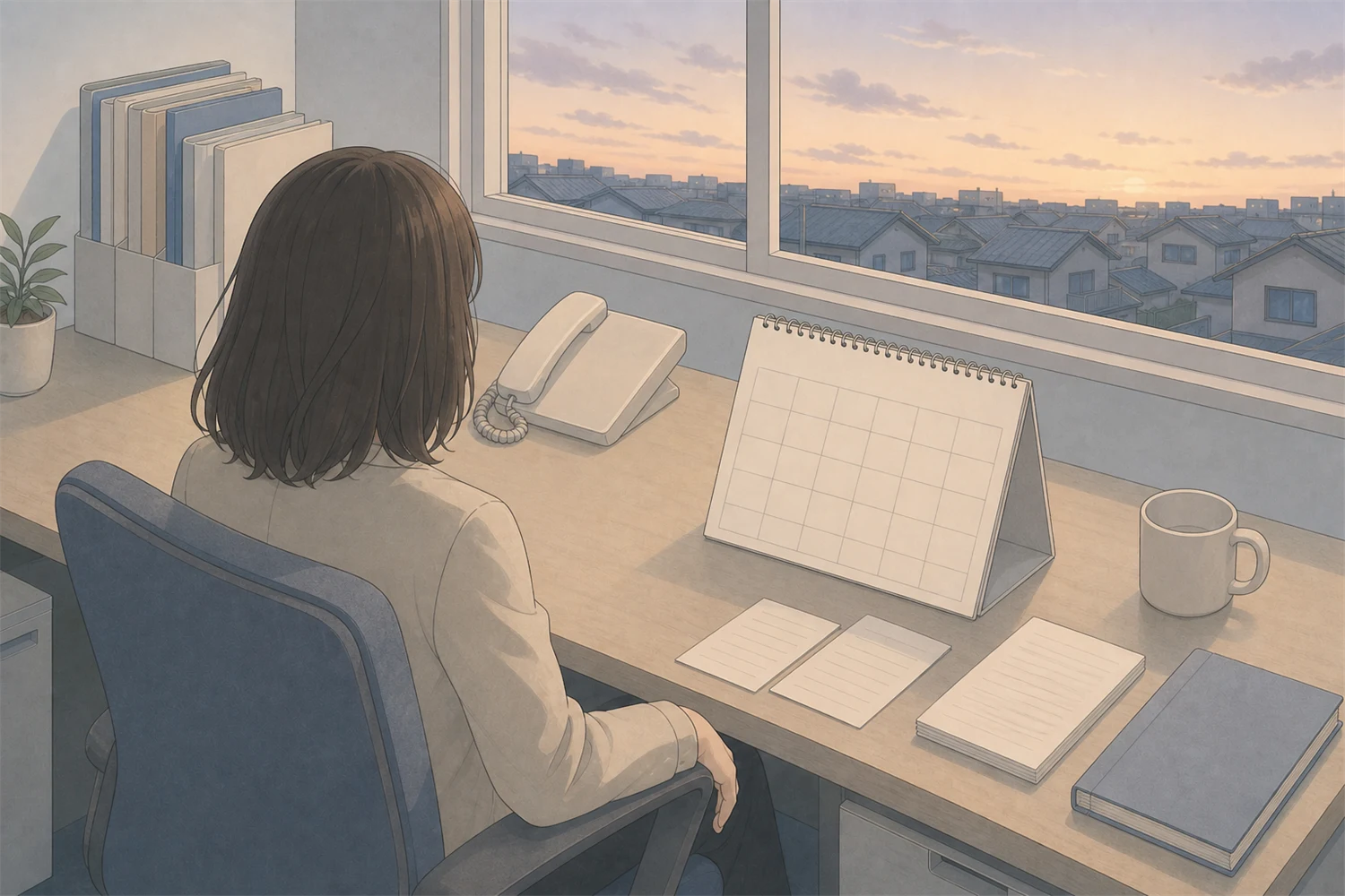 事務所で報告を待つ管理者のイラスト