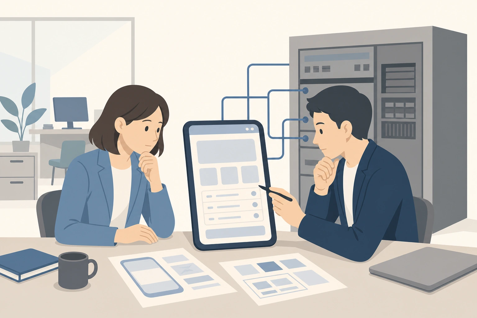 勘定系システムの制約を意識しながらモバイル時代のUXを検討する担当者のイラスト