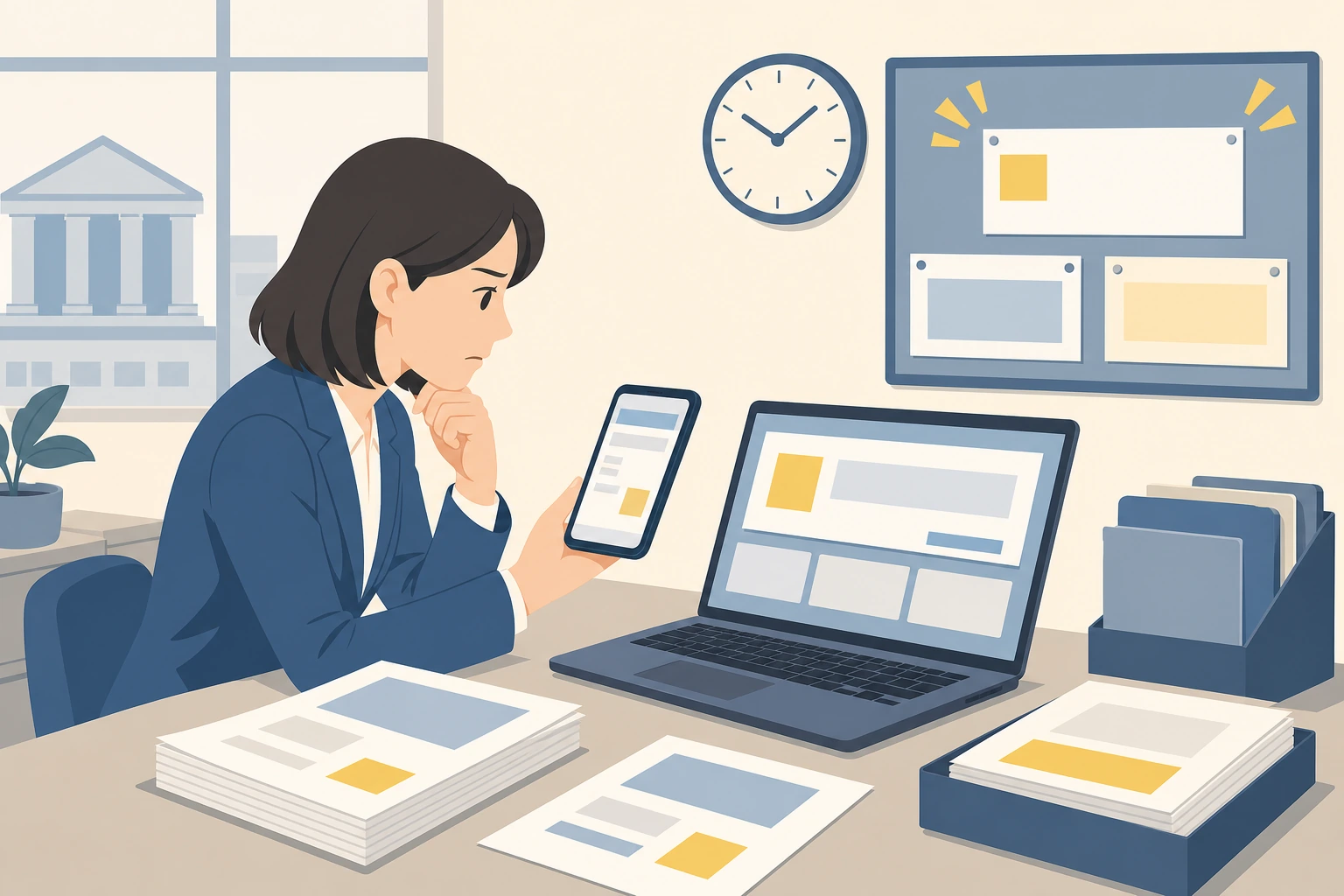 当日中に必要な緊急メッセージをPCとスマートフォンで確認する担当者のイラスト