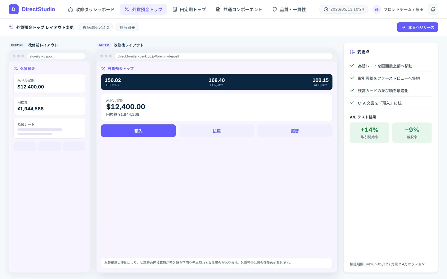 外貨預金トップ画面 — 為替レート・外貨残高・取引導線を再構成したBefore/Afterプレビューと変更点・A/B結果パネル