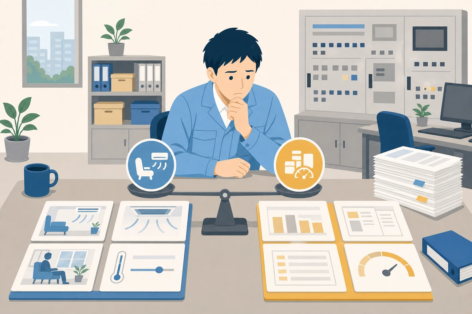 快適性と運用コストの両立が難しく、空調運用の判断に悩む担当者のイラスト