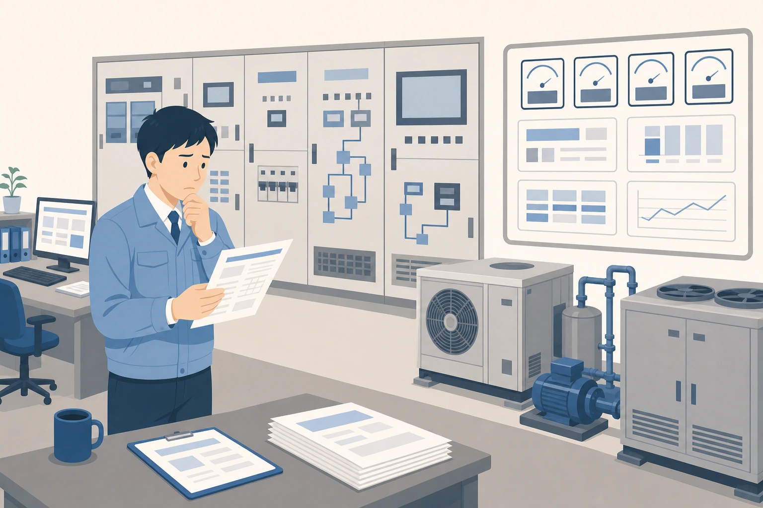 設備ごとの消費電力が見えず、削減対象を特定できず悩む設備管理者のイラスト