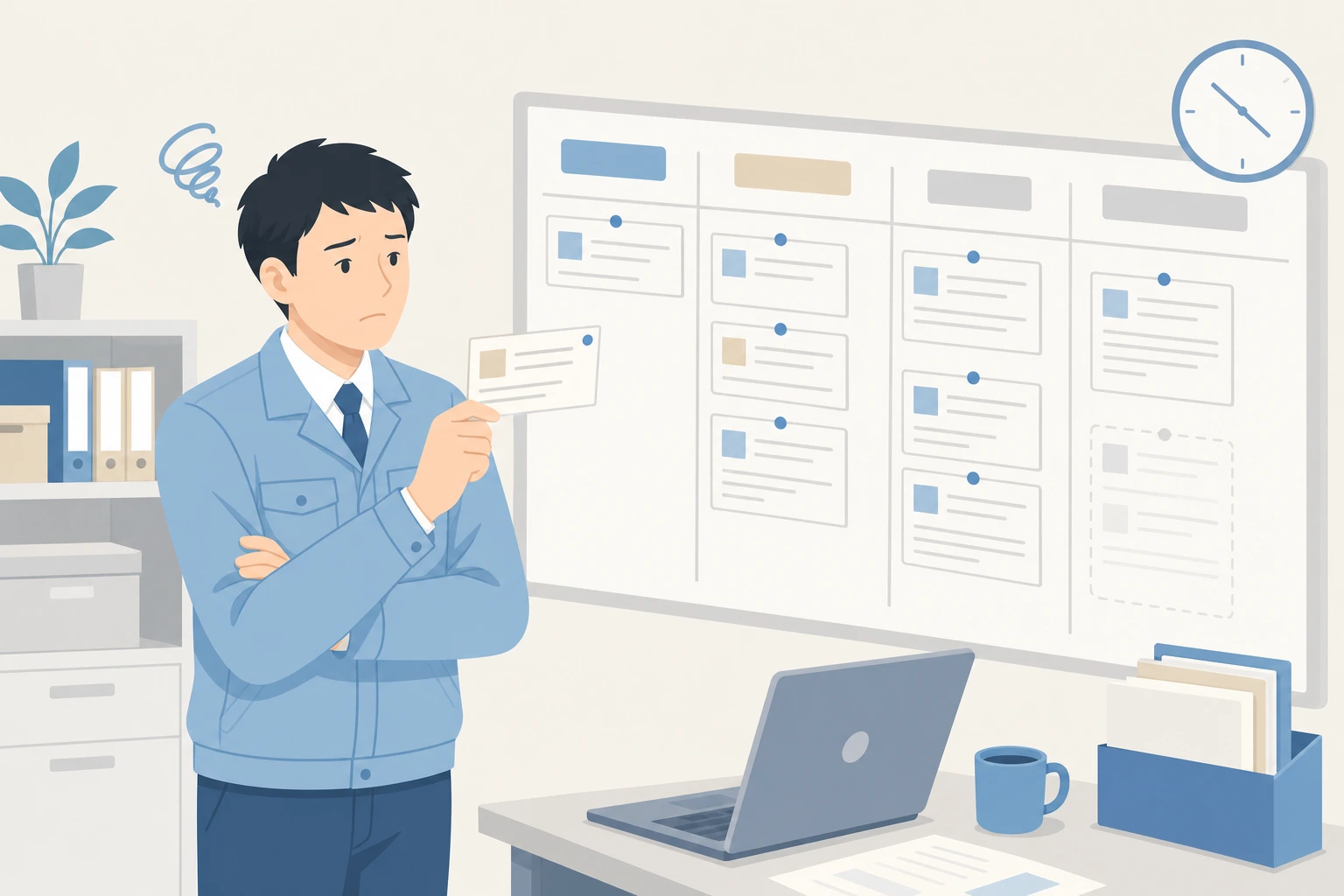 現場の改善案が情シスのバックログで止まり順番待ちになっている担当者のイラスト