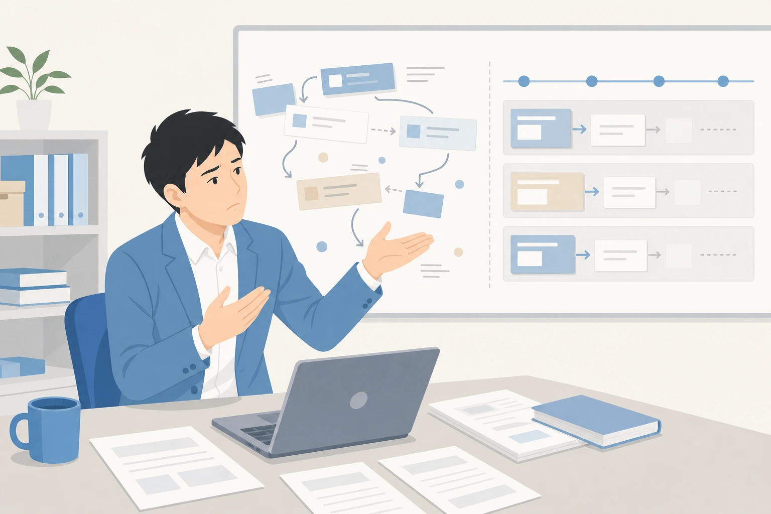 事業環境の変化にシステム改修のスピードが追いつかない担当者のイラスト