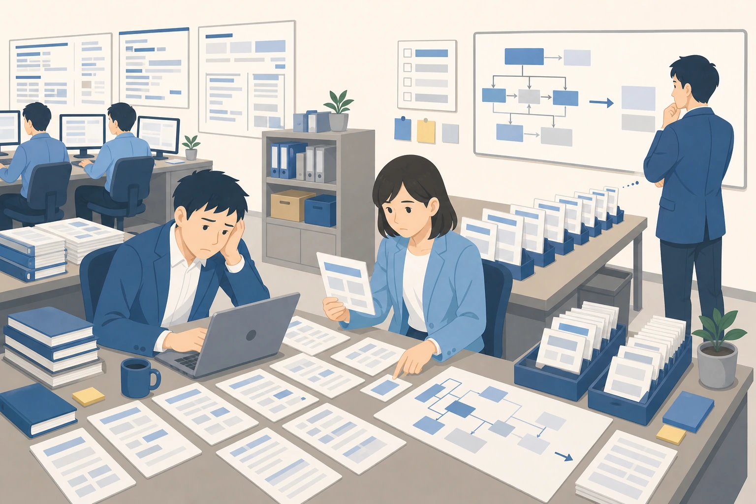 既存システムの読み解きと再実装に人手では時間がかかりすぎることに悩む担当者のイラスト