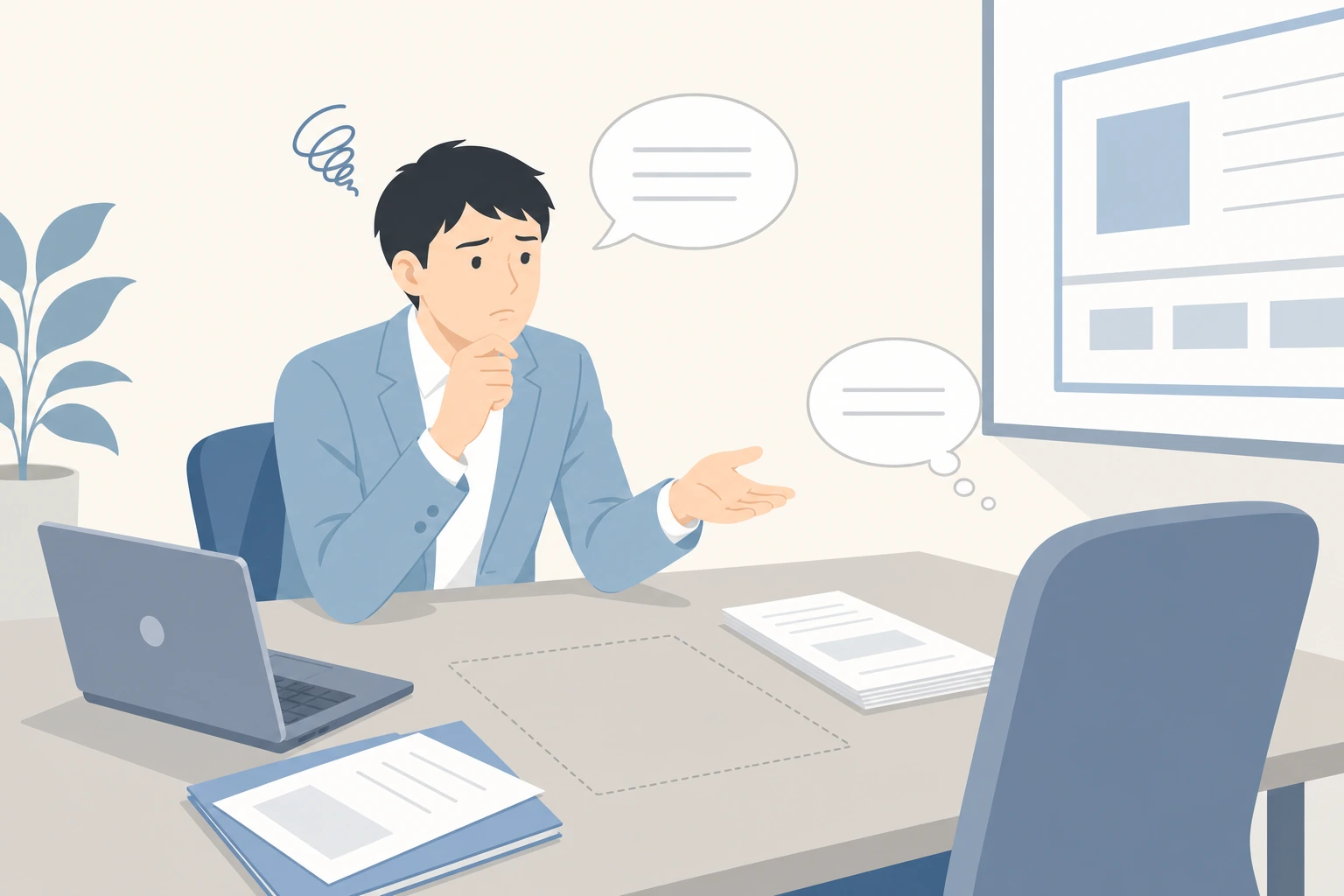 商談中に投資家から条件を問われても、その場で提示できる資料がなく答えに詰まる営業担当のイラスト