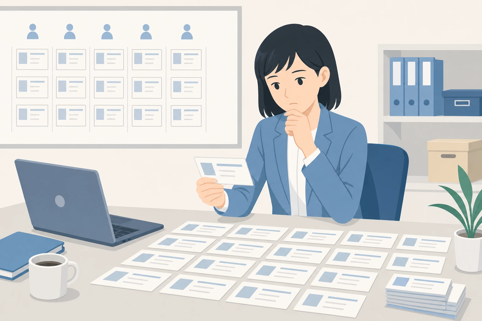 画一的なオファーカードが並び、顧客ごとの関心に合わせられない担当者のイラスト