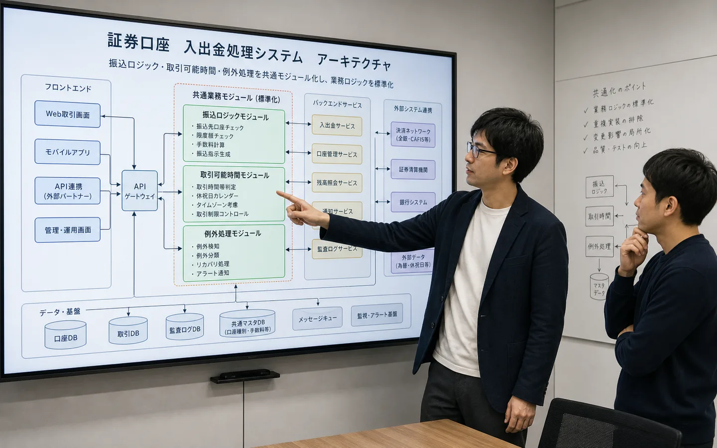 大型モニターに振込ロジックや例外処理を共通モジュール化したアーキテクチャ図を映して議論する写真