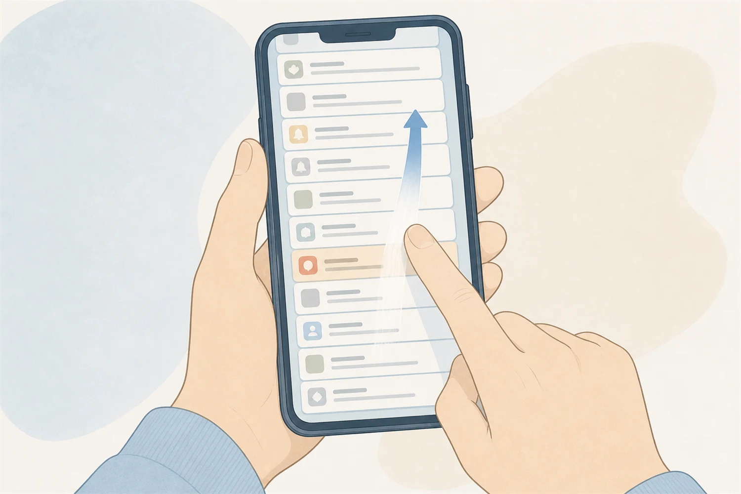 スマートフォンに大量の通知が積み重なり、指でスワイプして消そうとする手元のイラスト