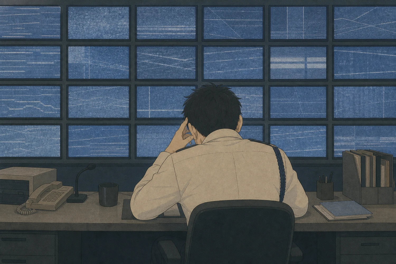 夜間の監視センターで複数モニタを前に疲れた様子の警備員の後ろ姿のイラスト
