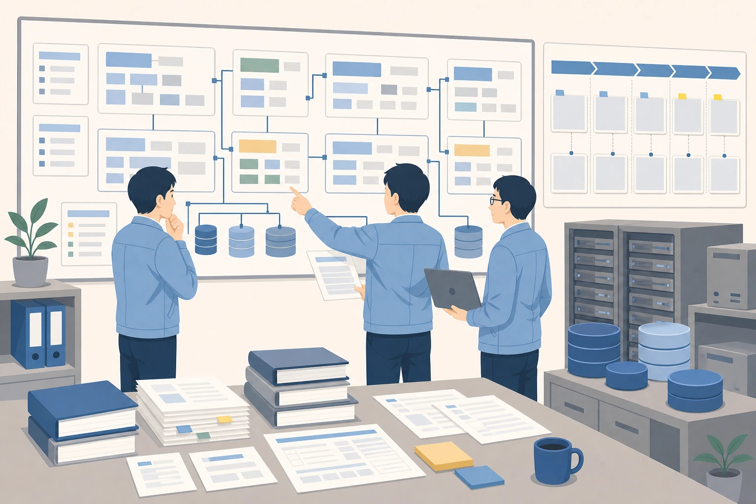 大規模Javaシステムを長期運用に耐える構造で整理する担当者のイラスト