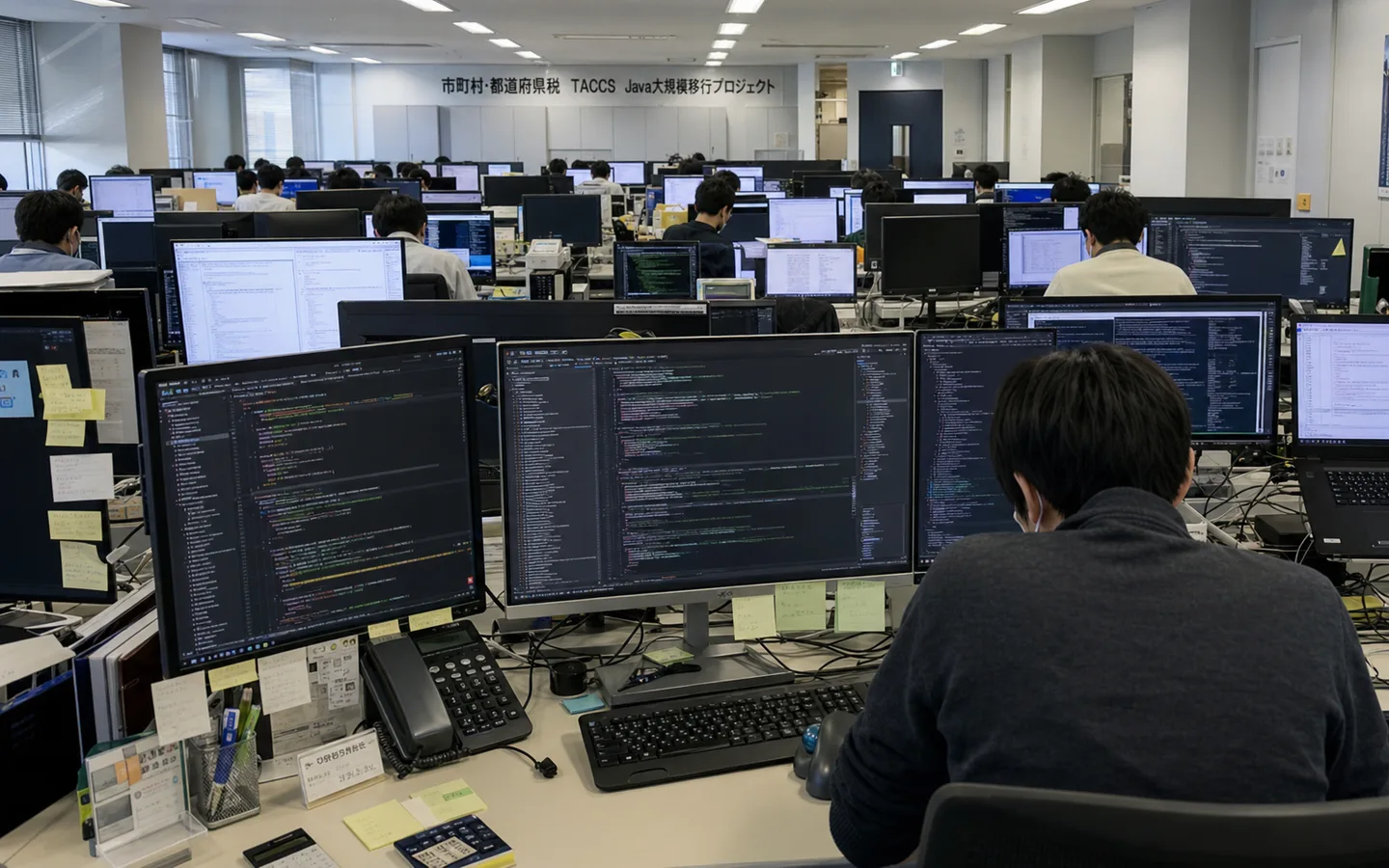 複数モニターに大規模なJavaコードベースが並ぶ開発席とチームルームの写真