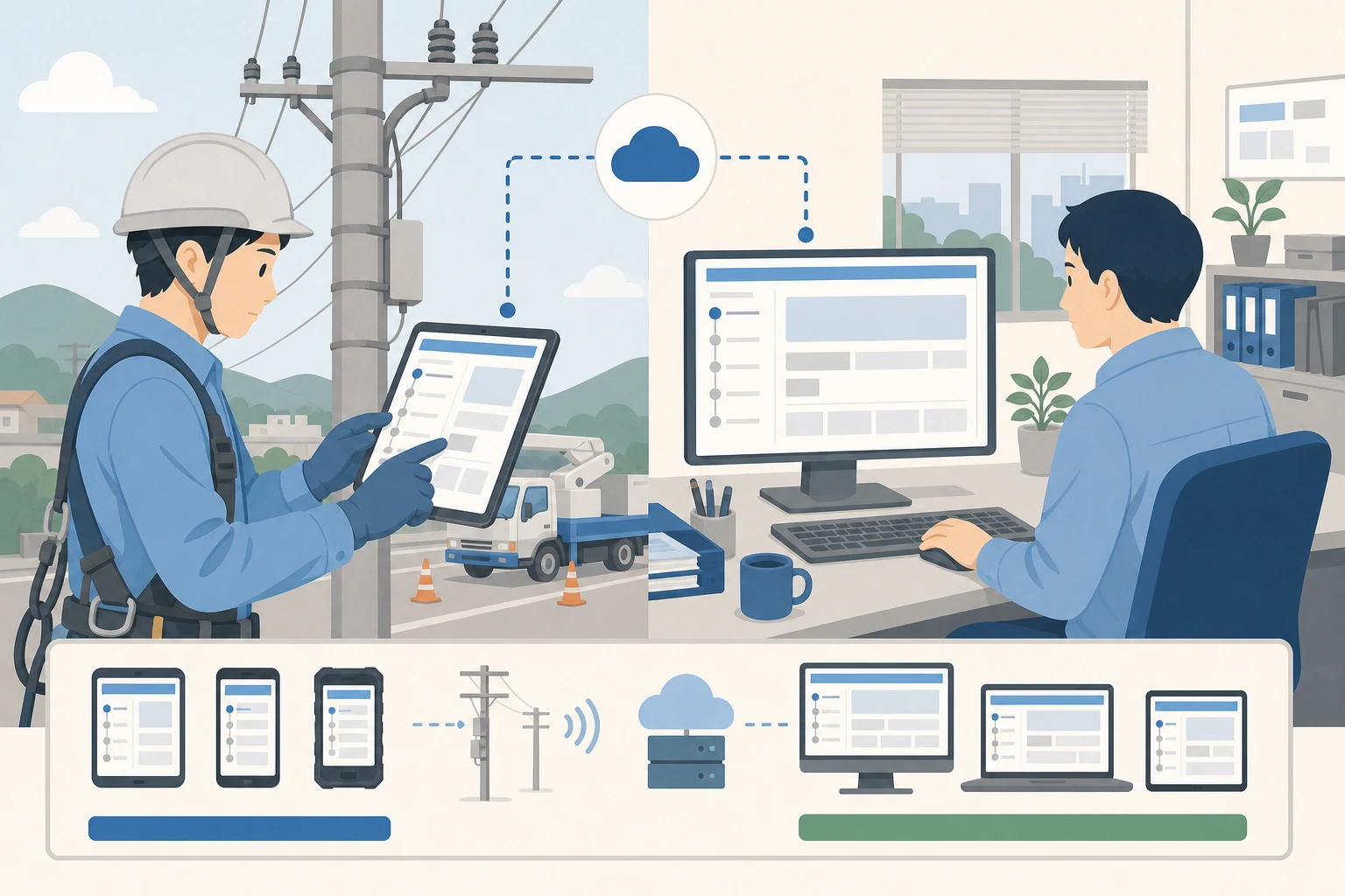 現場のモバイル端末と事務所のPCで同じ業務アプリを動かす必要があるイラスト